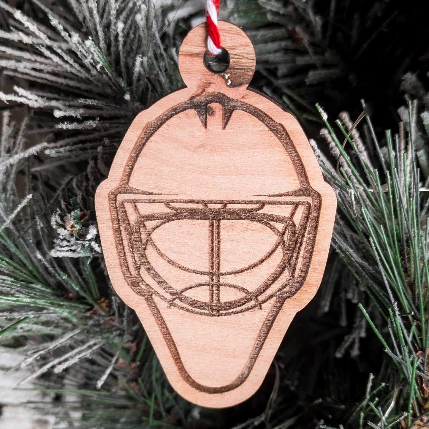 Custom Goalie Ornament – Personalized Wooden Goalie Helmet with Name & Number – Engraved Sports Ornament, Hockey Goalie Gift