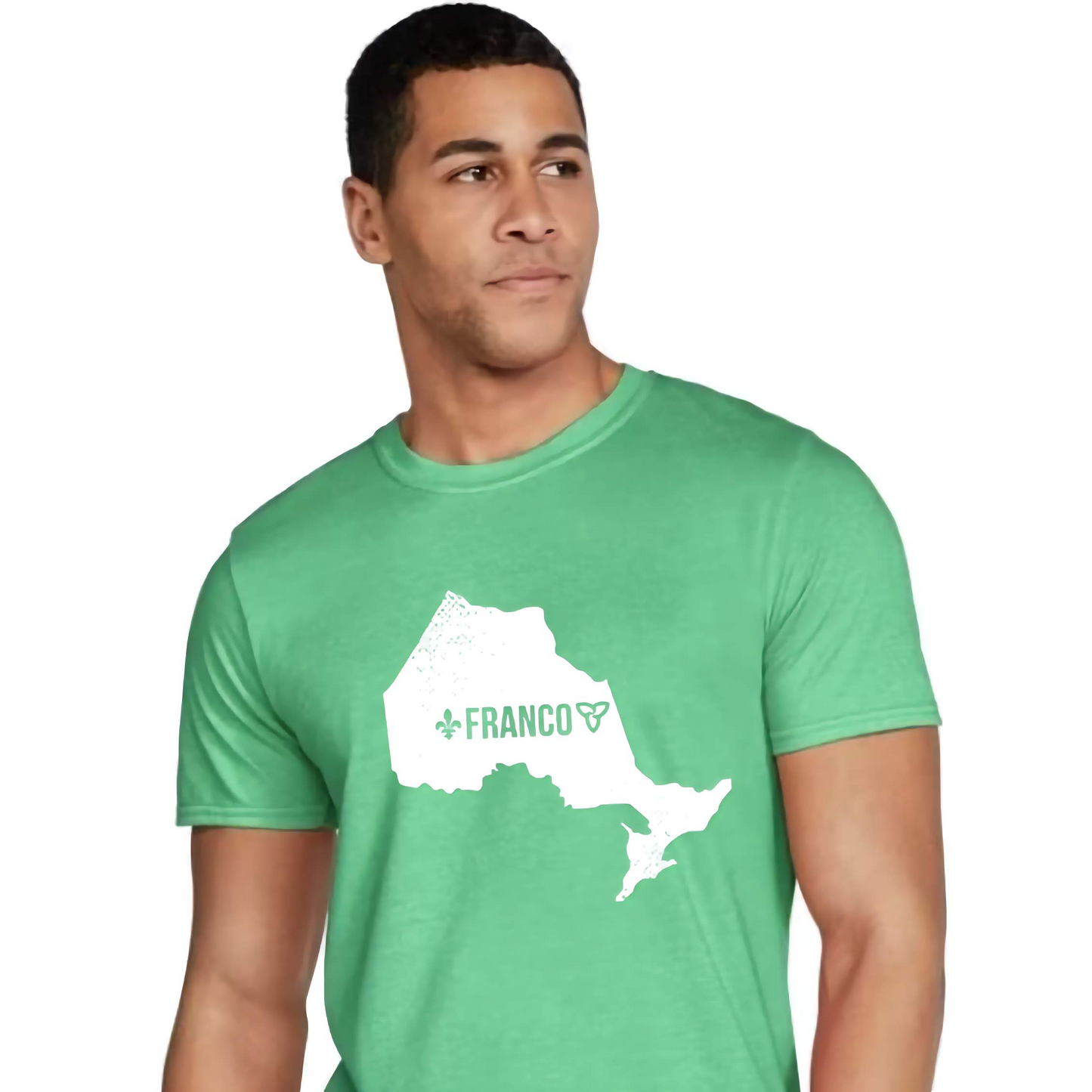 Franco-Ontarien Shirt - Ontario Silhouette with Trillium and Fleur-de-Lys Heather Green Adult