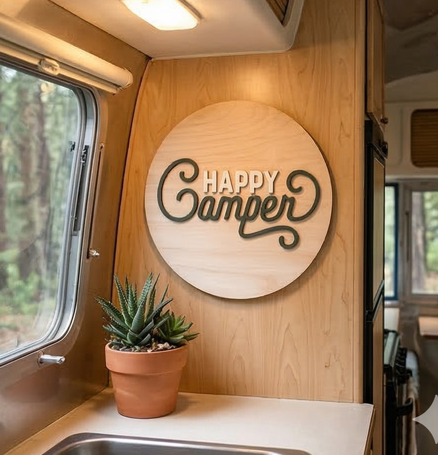 Wooden plaque with 'Happy Camper' on a wooden wall inside a vehicle, with a potted plant below.