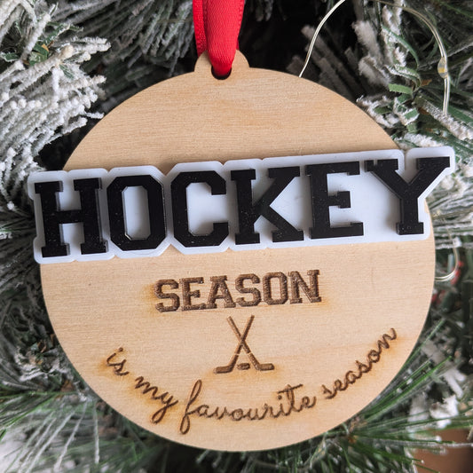 Hockey Ornament – Layered Acrylic “Hockey Season Is My Favourite Season” – Black & White Jersey Style Fan Decoration