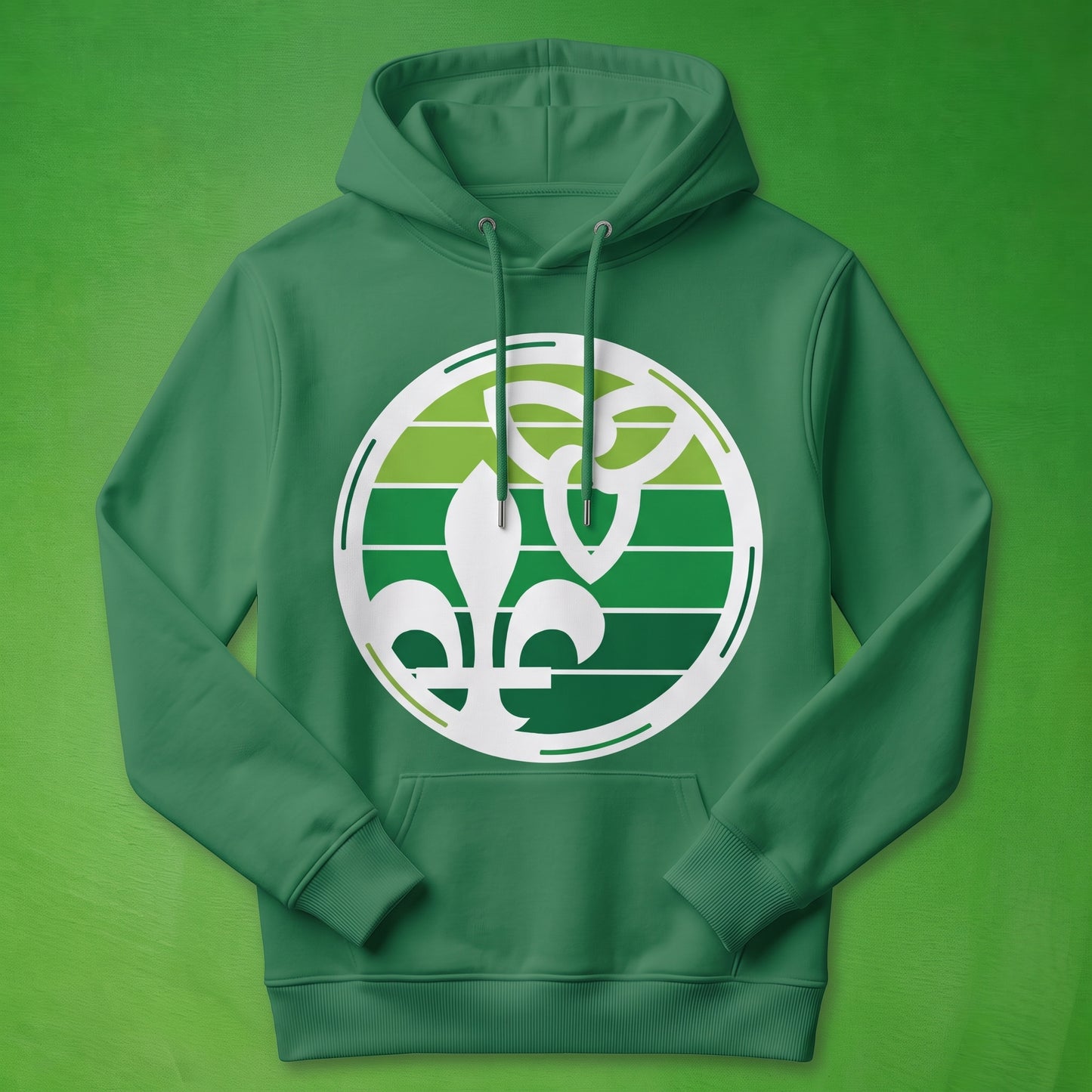 A green pullover hoodie with a large white circular graphic on the chest featuring a franco ontarien design, shown against a solid green background.