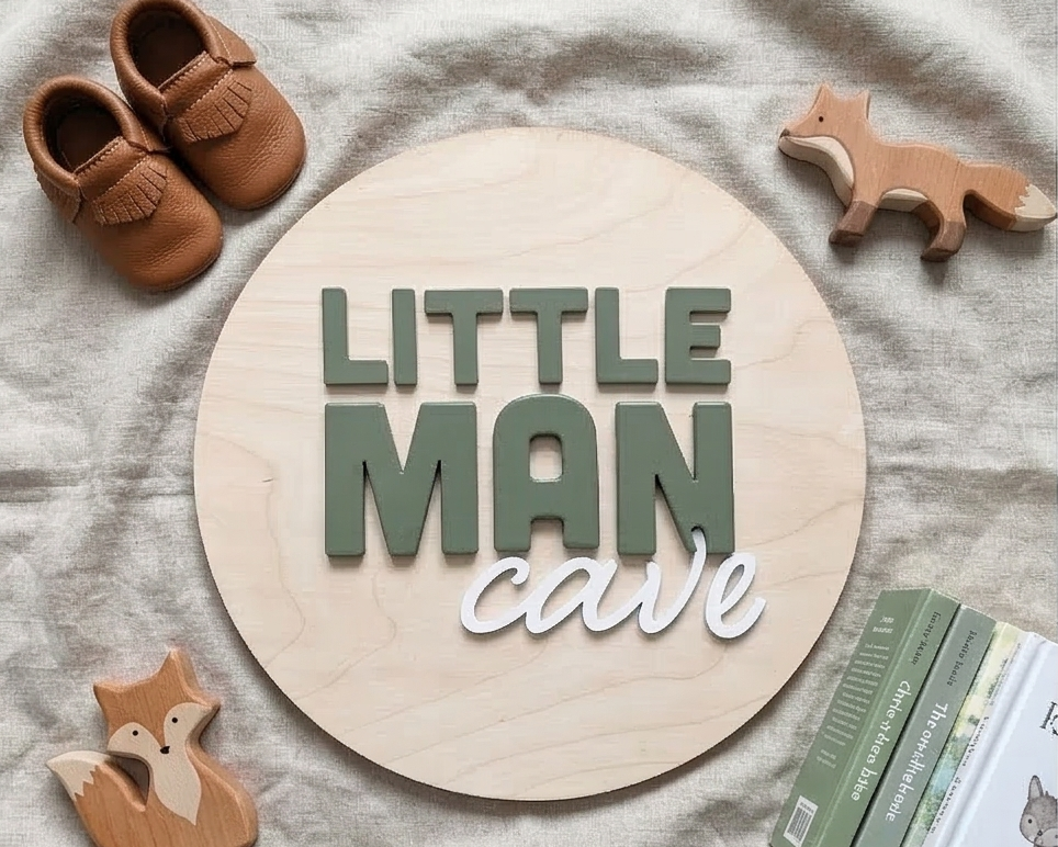 Round wooden sign with 'LITTLE MAN cave' text on a textured surface with baby shoes and toys.