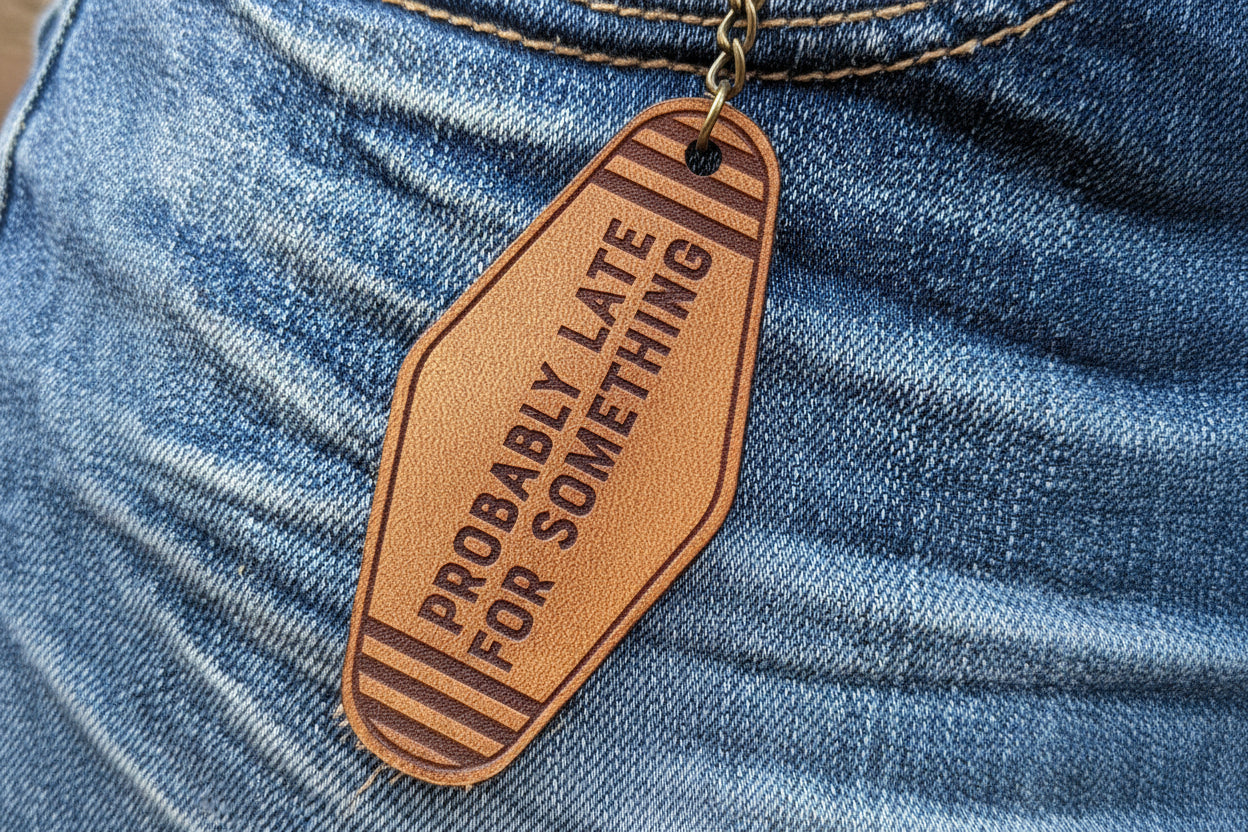 Leather Keychain cut and engraved to look like a vintage motel key with Probably Late for Something engraved on it.