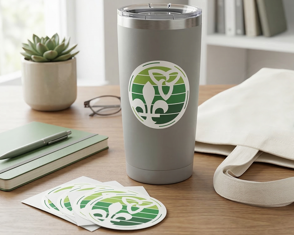 A gray insulated tumbler with a franco ontarien retro inspired design sticker, shown on a wooden desk beside a notebook, glasses, a small plant, a tote bag, and matching round decals.