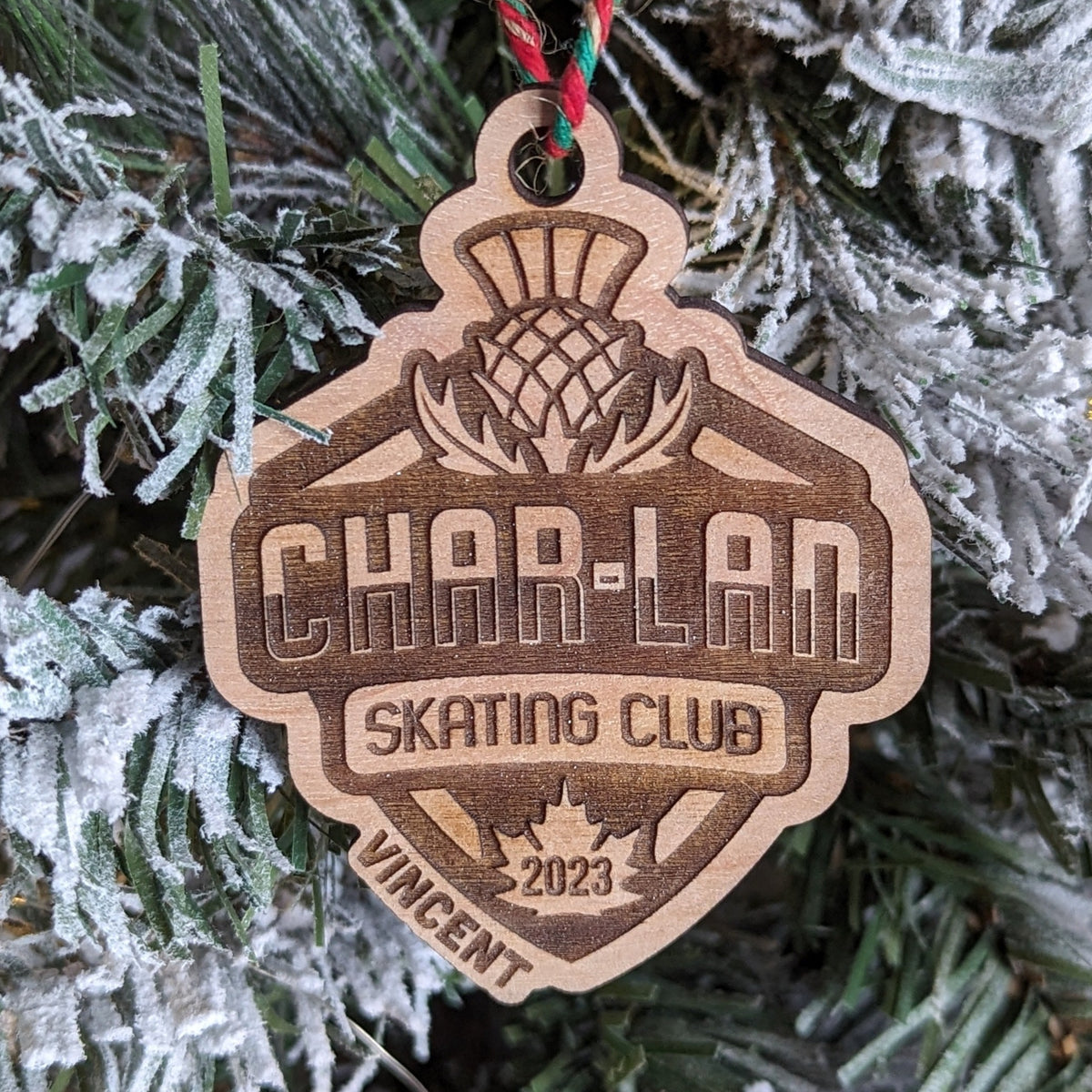 Personalized engraved wood crest ornament with name