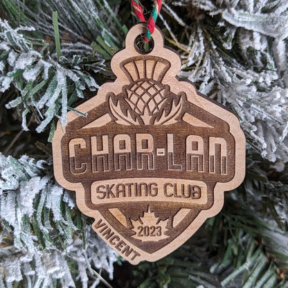 Personalized engraved wood crest ornament with name