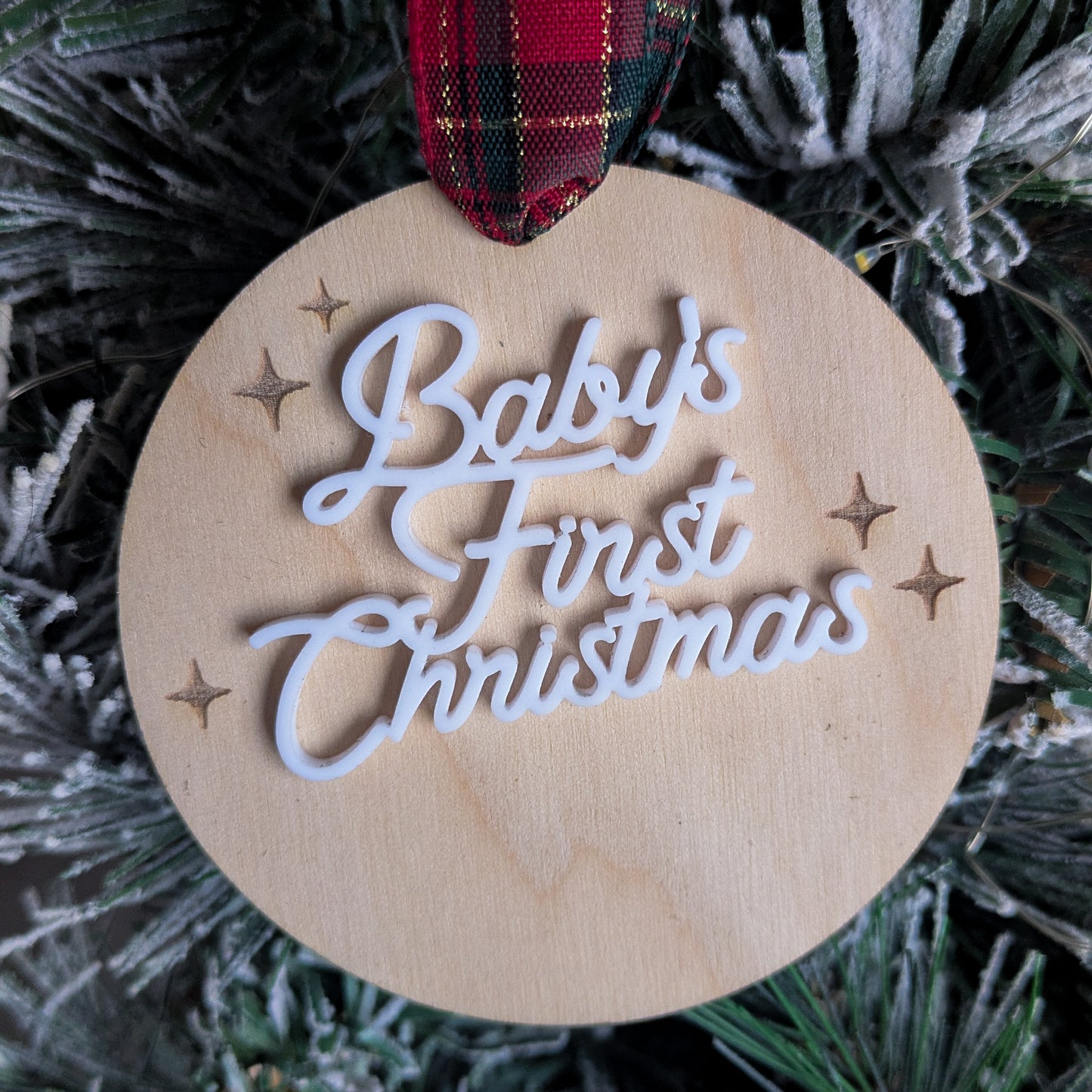 Baby’s First Christmas Ornament – Custom Circular Wooden Ornament with Acrylic Script and Baby Stats – Holiday Keepsake