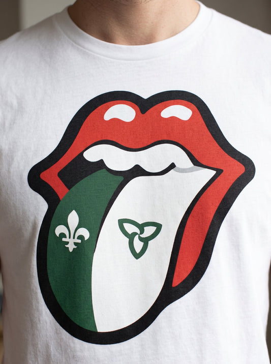 A close-up of a white crewneck t-shirt featuring a large graphic print of the Rolling Stones tongue logo, with the franco ontario flag on the tongue.