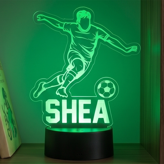 Soccer-themed lamp with 'SHEA' on a green background