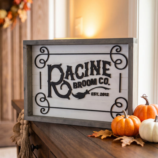 Personalized Broom Co. Vintage Framed Wood Sign | Custom Family Halloween Decor