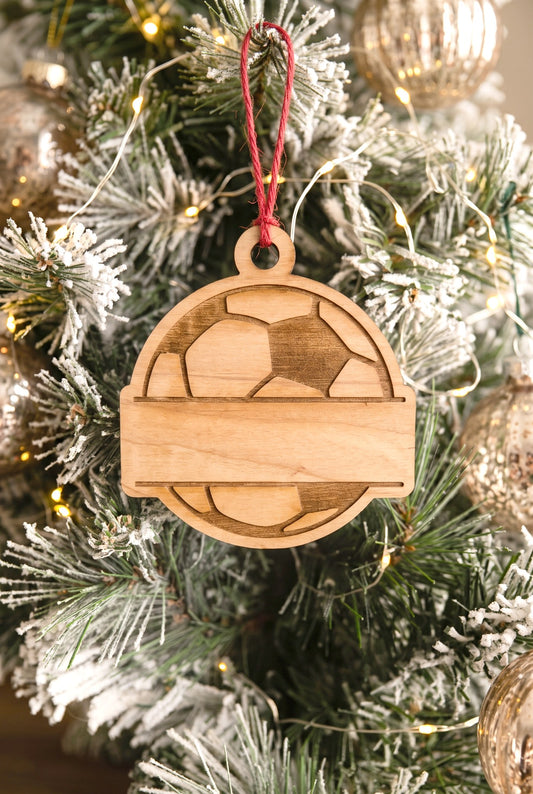 Engraved wooden soccer ball ornament with name banner