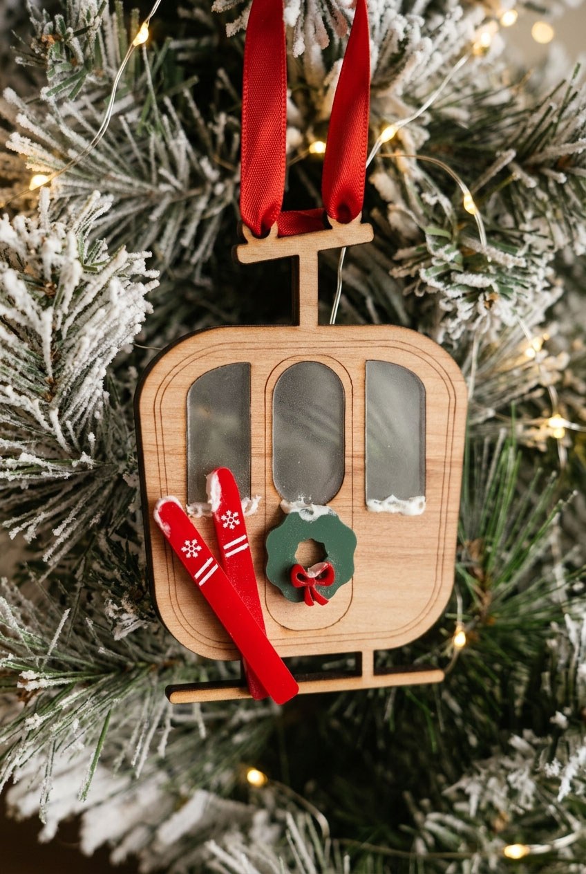 Wooden ski gondola ornament with skis and wreath