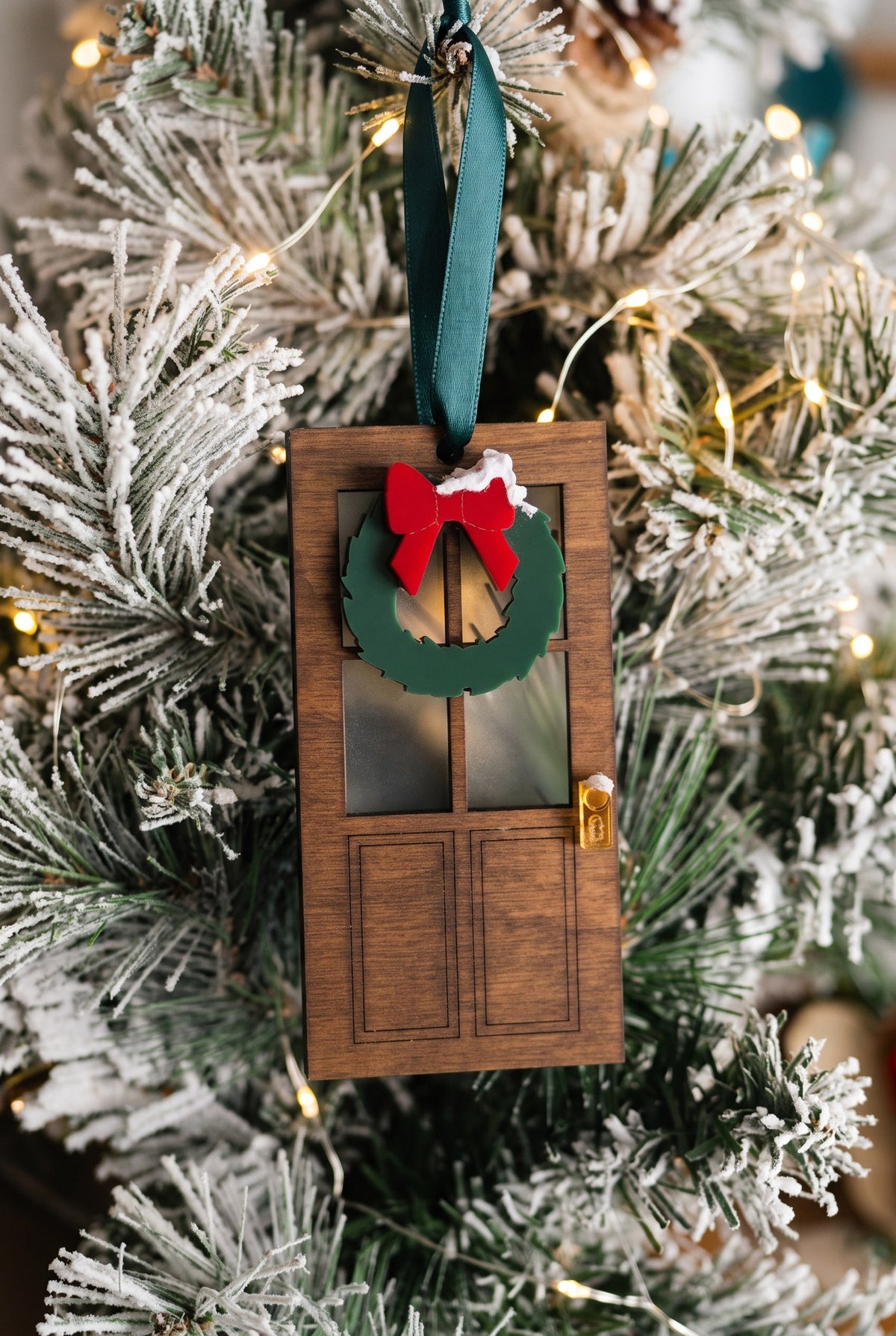Wooden door ornament with acrylic window, wreath and doorknob