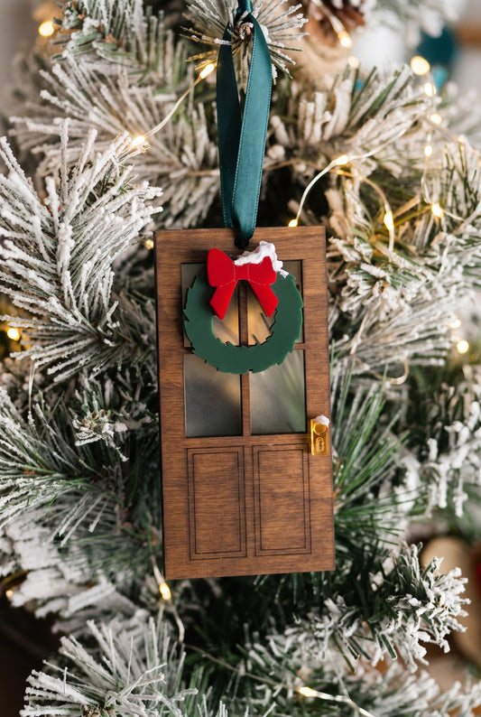 Wooden door ornament with acrylic window, wreath and doorknob