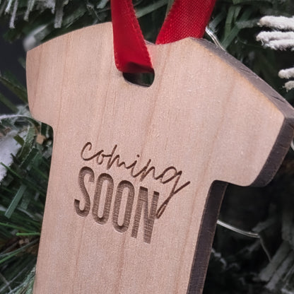 Baby Onesie Ornament – Wooden Engraved “Coming Soon” Baby Keepsake – Christmas Tree Decoration for Expecting Parents