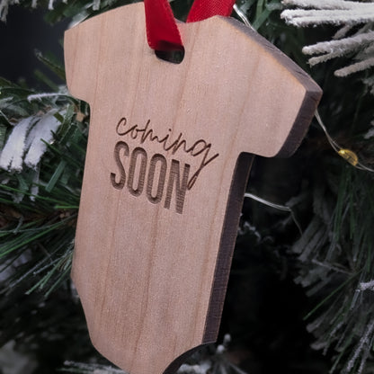 Baby Onesie Ornament – Wooden Engraved “Coming Soon” Baby Keepsake – Christmas Tree Decoration for Expecting Parents