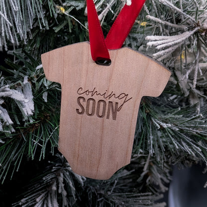 Baby Onesie Ornament – Wooden Engraved “Coming Soon” Baby Keepsake – Christmas Tree Decoration for Expecting Parents