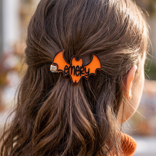 Personalized Bat Halloween Hair Clip – Custom Name Acrylic Clip