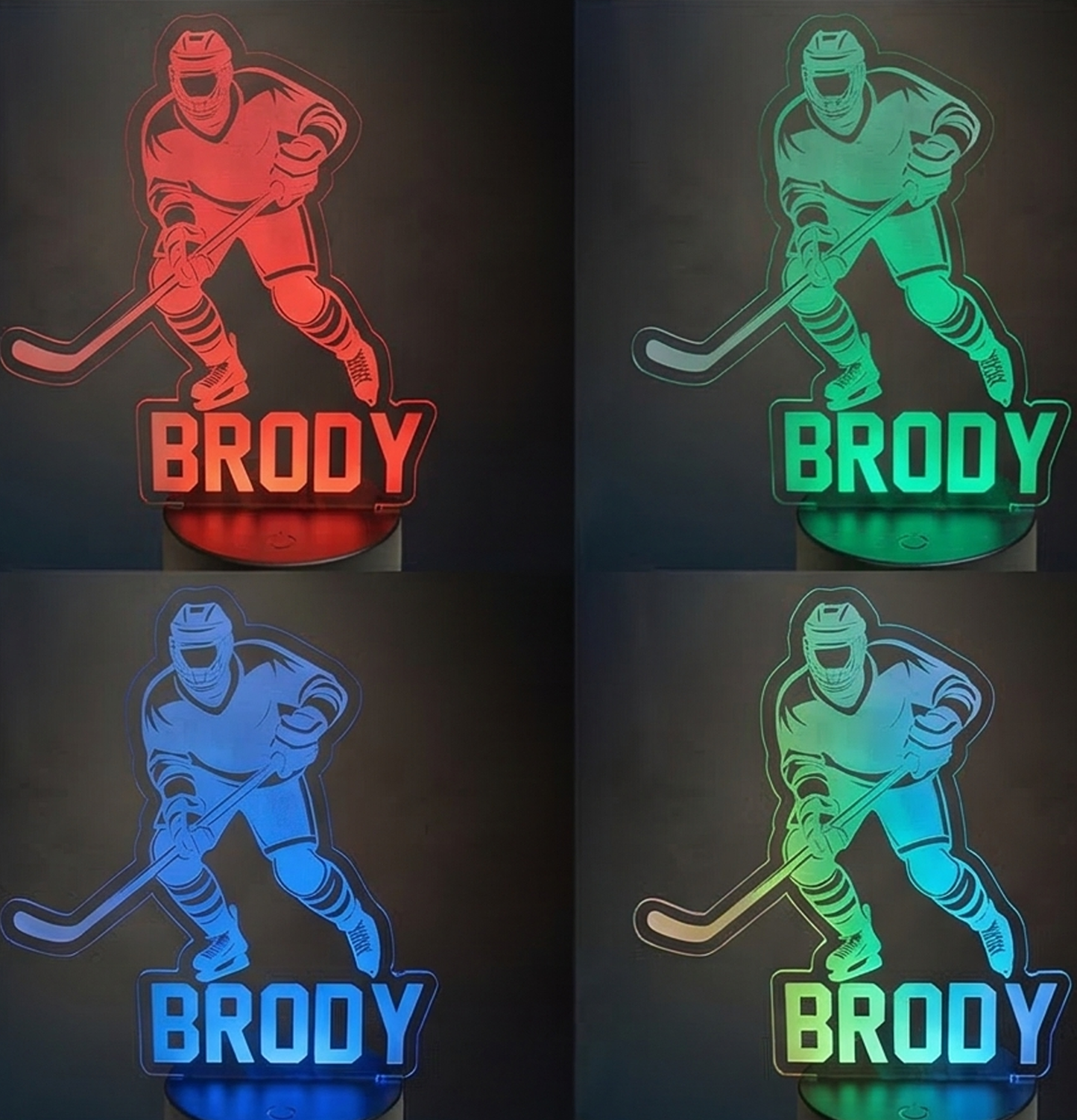 Four hockey-themed night lights with the name 'Brody' in different colors on a dark background.