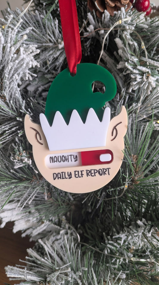 Acrylic elf ornament with naughty or nice Daily Elf Report meter