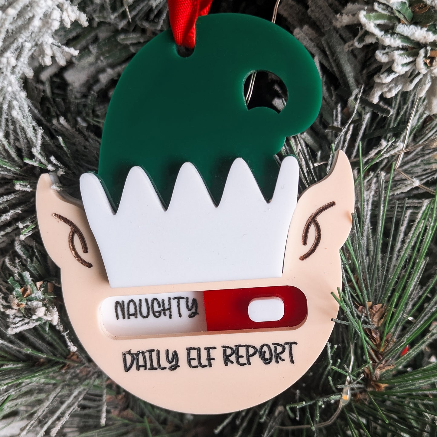 Elf Ornament – Acrylic “Daily Elf Meter” with Toggle for Naughty or Nice – Christmas Tree Decoration