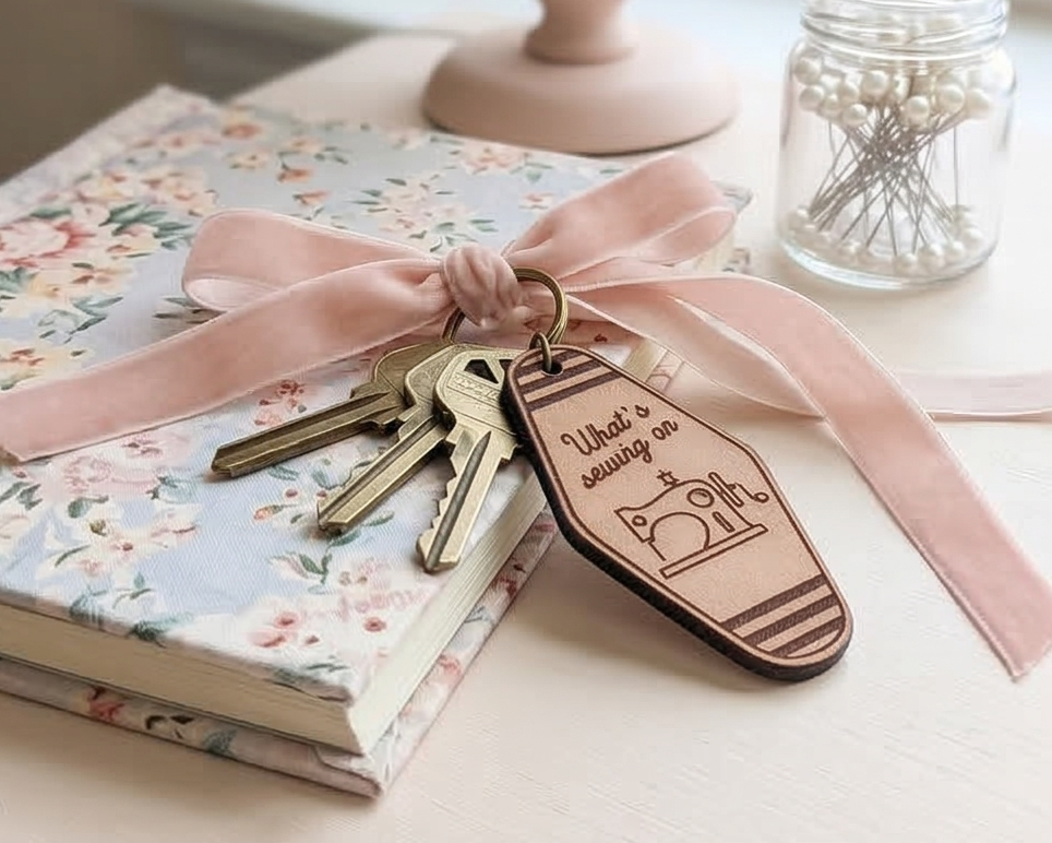 Keys with a leather what`s sewing on keychain on a floral notebook with a pink ribbon.