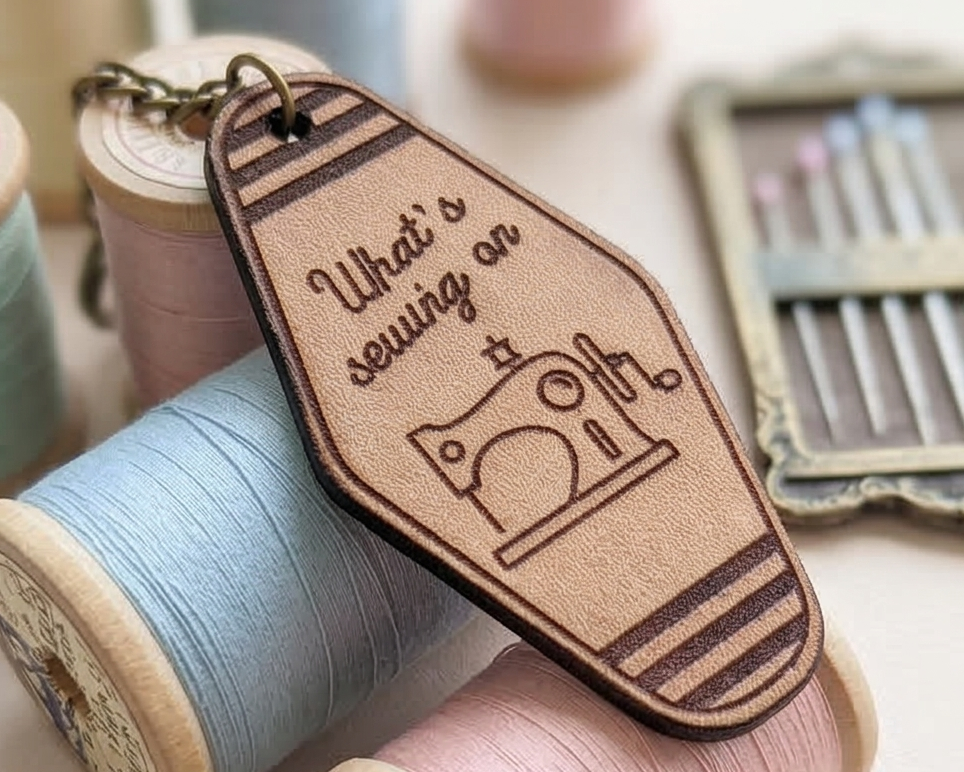 Leather keychain with sewing-themed design and text, placed on spools of thread.