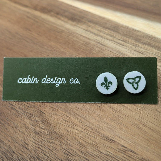 Franco-Ontarien Trillium and Fleur-de-Lys Earrings – made by Cabin Design Co. in Cornwall, Ontario