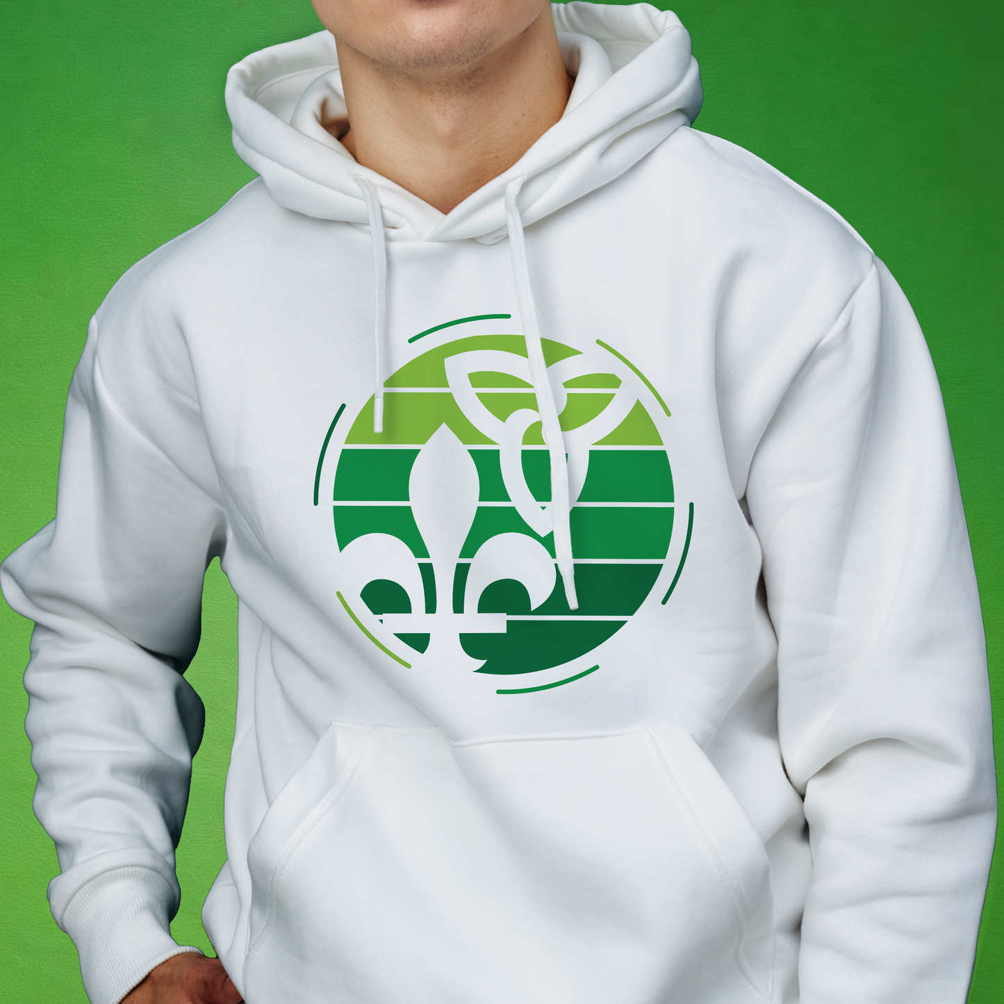 A white pullover hoodie with a green circular franco ontarien graphic on the chest, worn by a model against a solid green background.