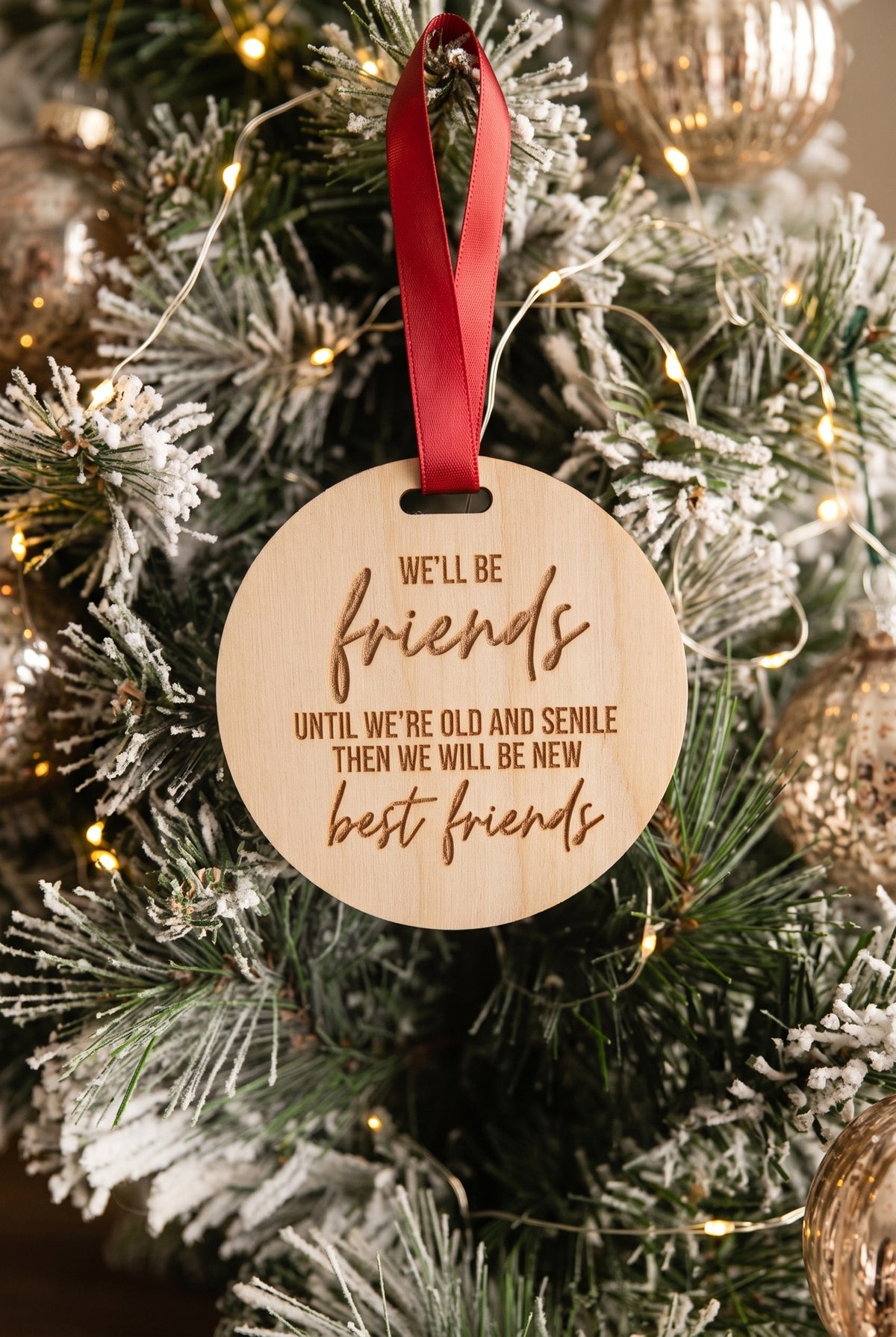 Round wooden ornament We'll be friends until we're old and senile