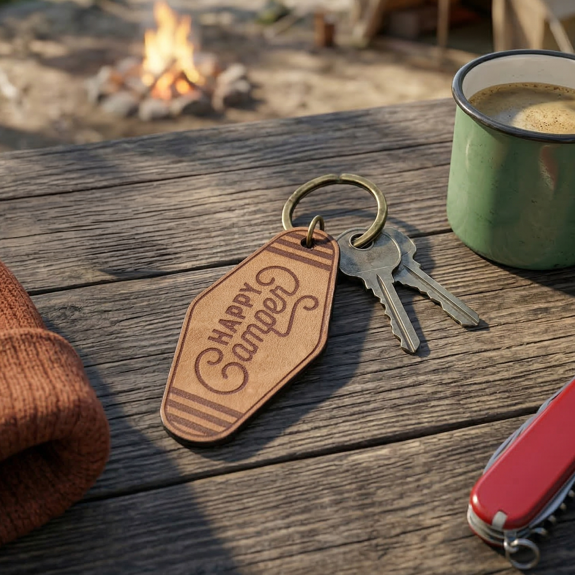 Keychain with 'Happy Camper' on a wooden surface near a campfire and mug.