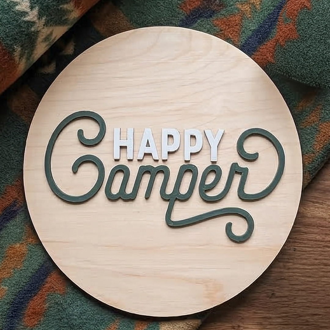 Round wooden sign with 'Happy Camper' text on a patterned fabric background