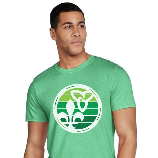 Retro-Inspired Franco-Ontarian Shirt - Trillium and Fleur-de-Lys Heather Green Adult
