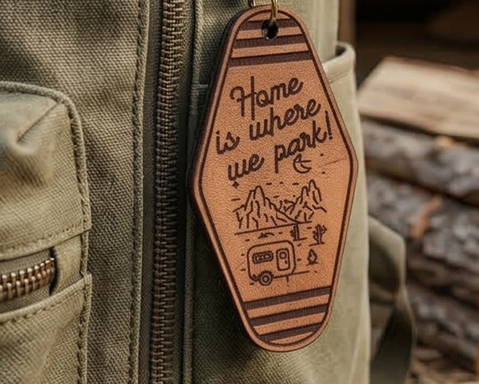 Leather tag with 'Home is where we park' text on a green bag