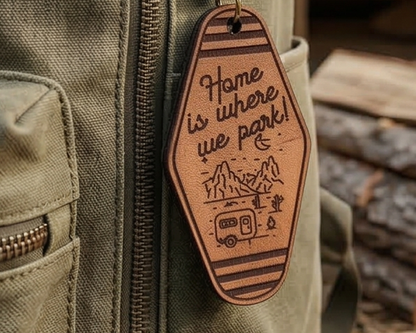 Leather tag with 'Home is where we park' text on a green bag