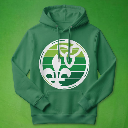 A green pullover hoodie with a large white circular graphic on the chest featuring a franco ontarien design, shown against a solid green background.