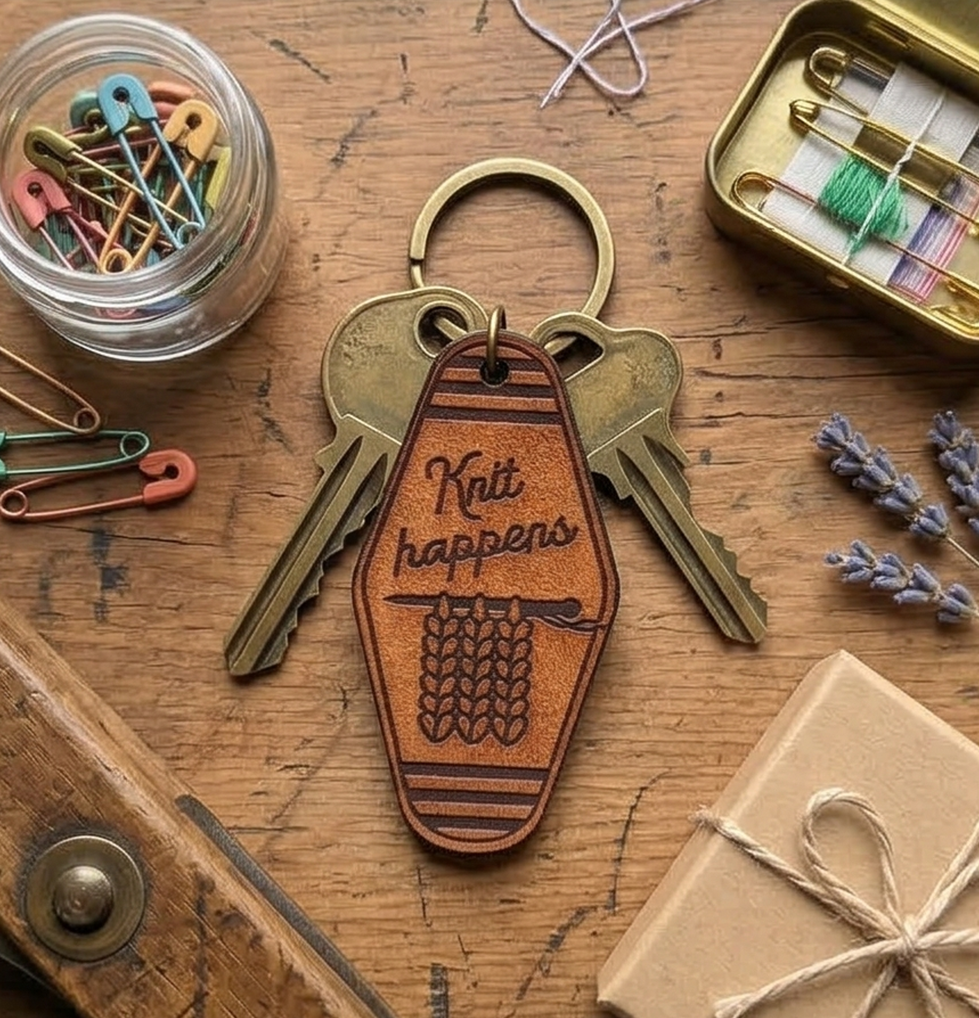 Keychain with 'Knit happens' text on a wooden surface with keys and small items.