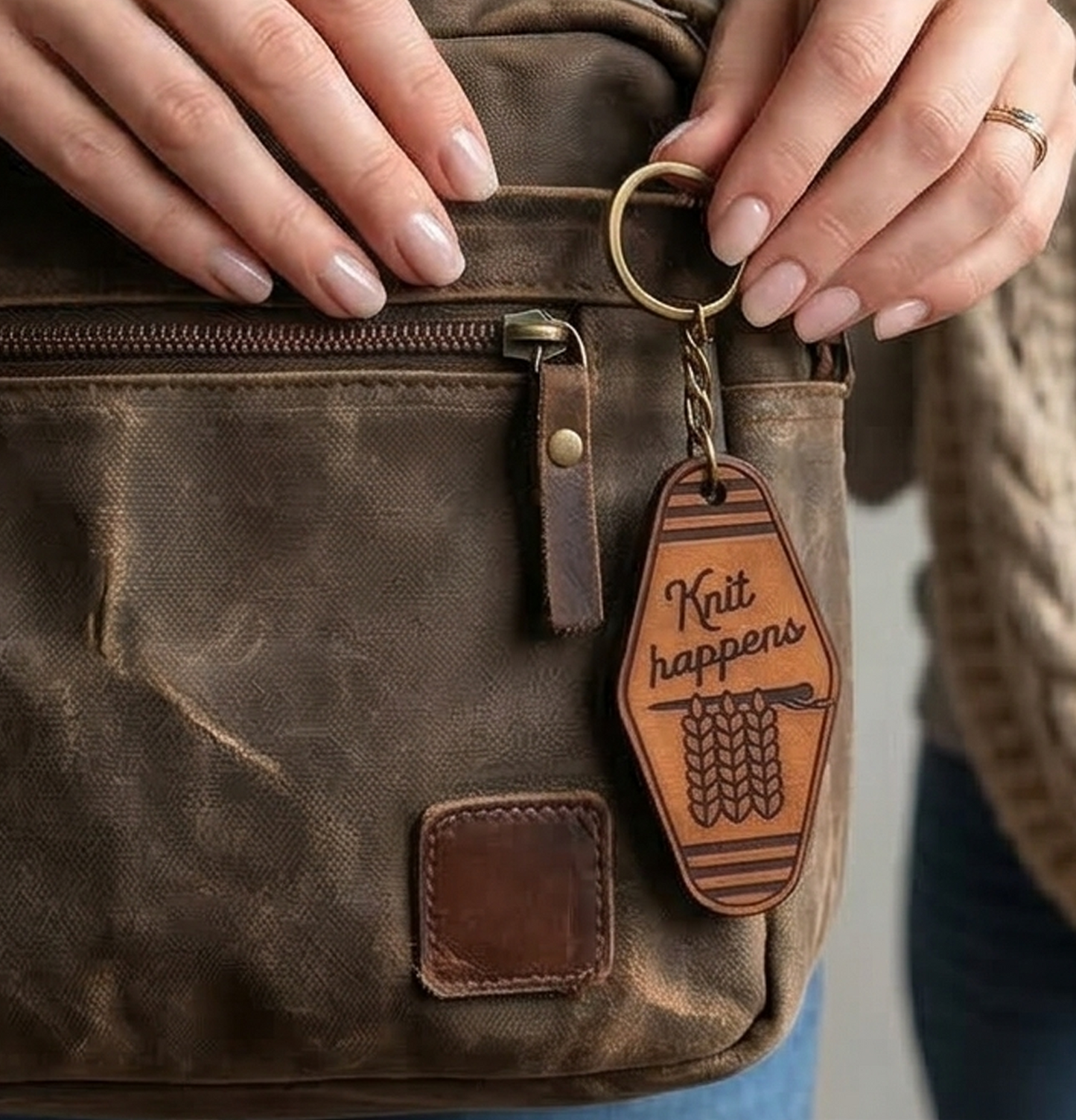 Brown leather bag with 'Knit happens' keychain tag held by a hand.