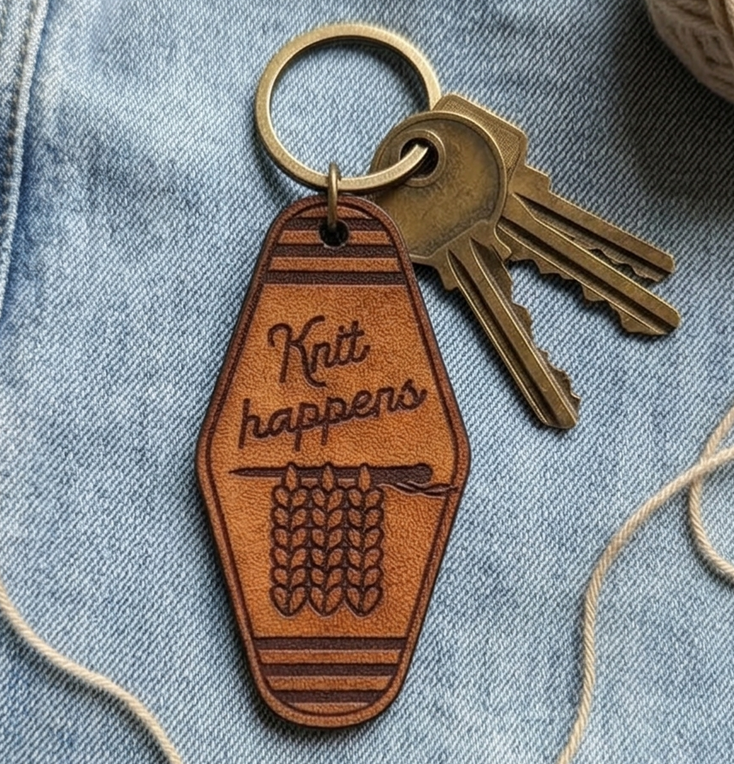 Brown leather keychain with 'Knit happens' text on a denim background
