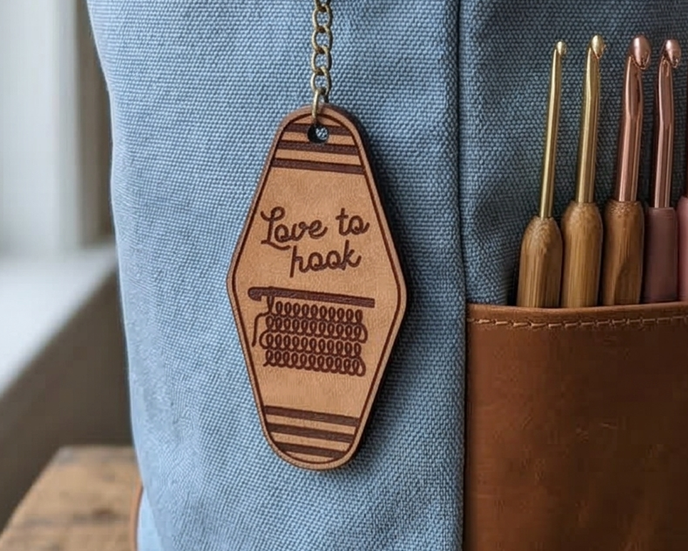 Brown leather tag with 'Love to hook' text and crochet hooks in a brown case.