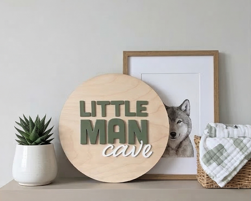 Decorative sign with 'Little Man Cave' text, framed picture of a wolf, and plant on a shelf.