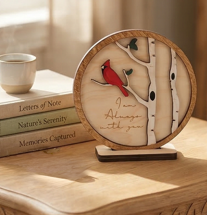 Wooden decorative item with a red bird on a branch and engraved text, placed on a surface with books.