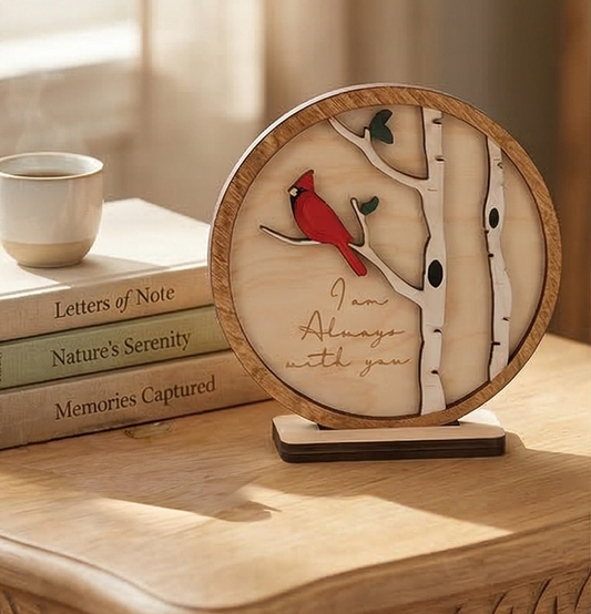 Wooden decorative item with a red bird on a branch and engraved text, placed on a surface with books.