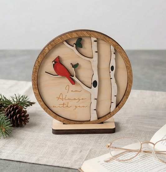 Decorative wooden piece with a red cardinal and engraved text on a neutral background