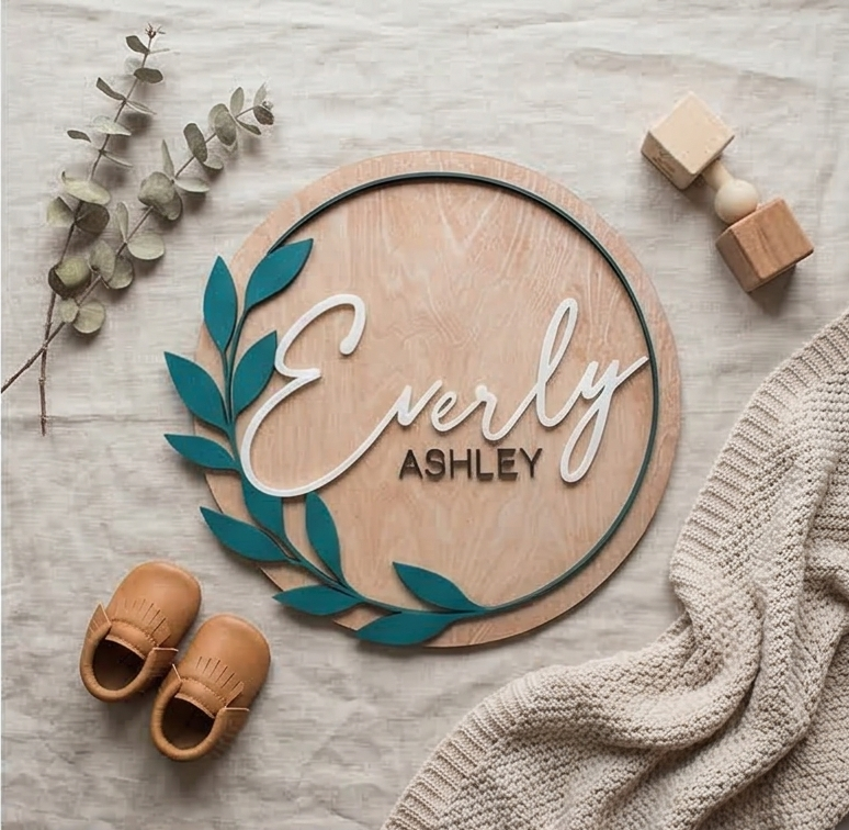 Wooden name plaque with 'Everly Ashley' surrounded by baby shoes, a blanket, and eucalyptus leaves on a light wooden surface.