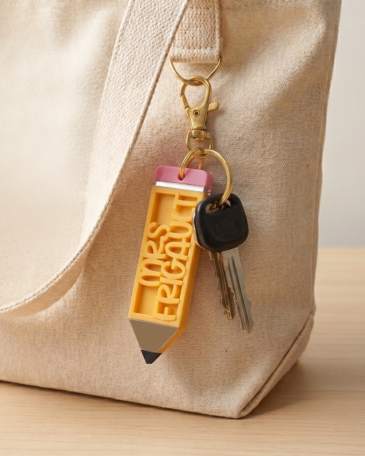 Keychain shaped like a pencil customized with teacher name attached to a beige bag.