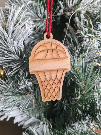 Engraved wooden basketball net ornament with name banner