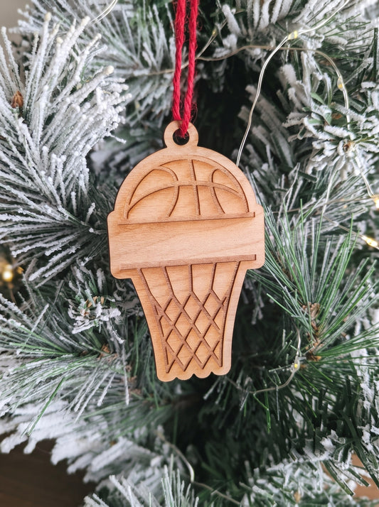Engraved wooden basketball net ornament with name banner