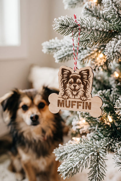 Personalized dog bone ornament with engraved dog portrait and name Muffin