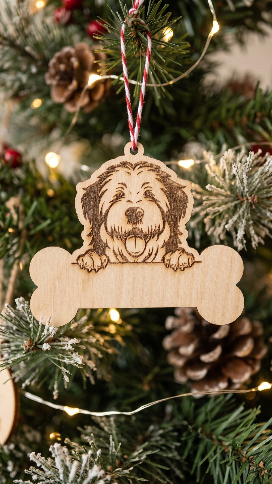 Personalized dog bone ornament with engraved English sheepdog portrait
